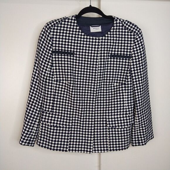 Akris Punto Wool Blend Geometric Zip Up Blazer Womens Size 12 Navy Blue White